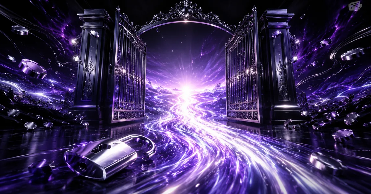 Open gates and a broken padlock releasing a river of light, evoking no weekly cap