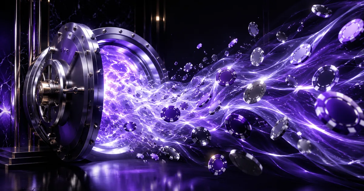 An open vault releasing a stream of glowing chips, evoking large crypto withdrawals